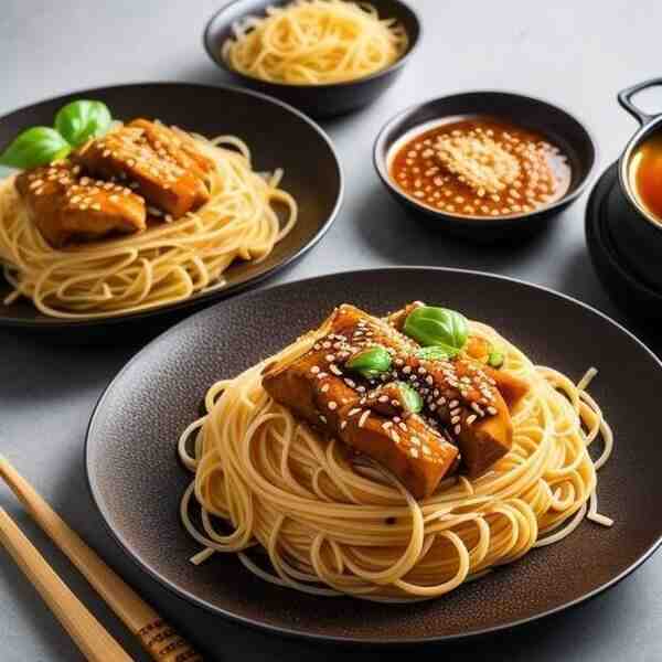 Паста с курицей медом и соевым соусом